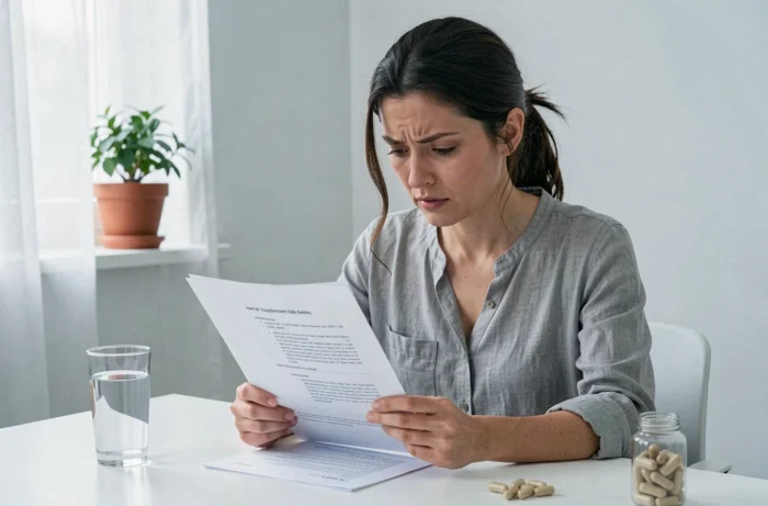 Femme lisant une notice sur les effets secondaires de compléments à base d'haritaki