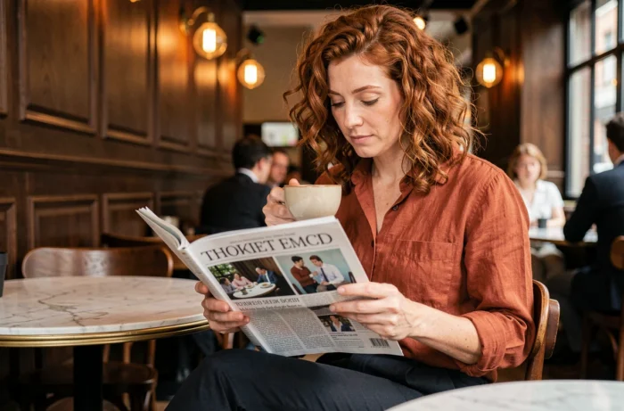 Femme lisant un magazine professionnel spécialisé dans un café urbain, découvrant les dernières nouveautés de son secteur