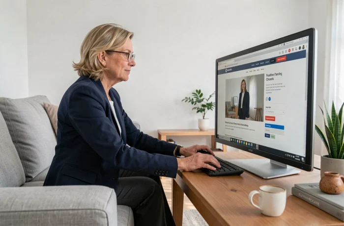 Femme senior naviguant sur un site internet depuis son salon avec un ordinateur de bureau