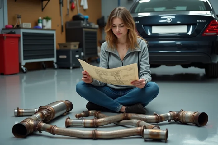 Jeune femme comparant les pièces réelles d'une ligne d'échappement avec un schéma en vue éclatée dans un garage