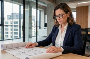 Femme professionnelle en blazer marine analysant des plans immobiliers et des documents financiers dans un bureau moderne vitré en ville