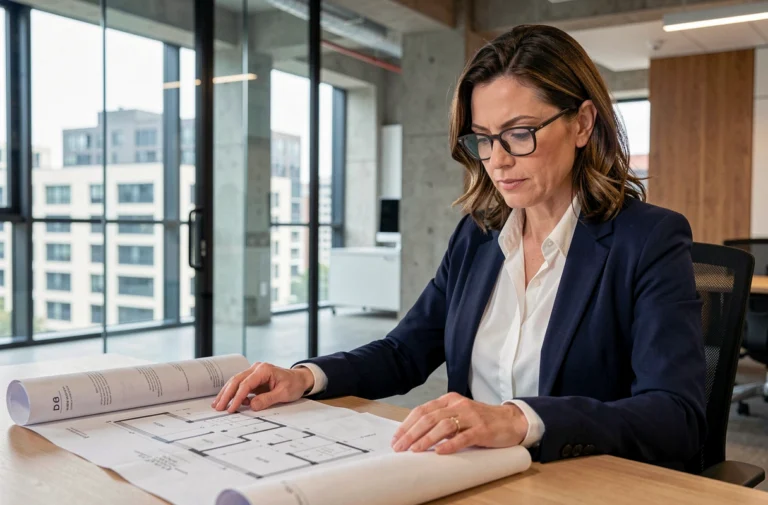 Femme professionnelle en blazer marine analysant des plans immobiliers et des documents financiers dans un bureau moderne vitré en ville