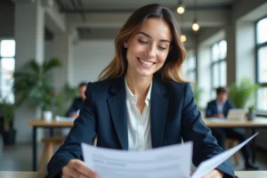 Femme professionnelle consultant des offres d'emploi dans un bureau moderne et lumineux