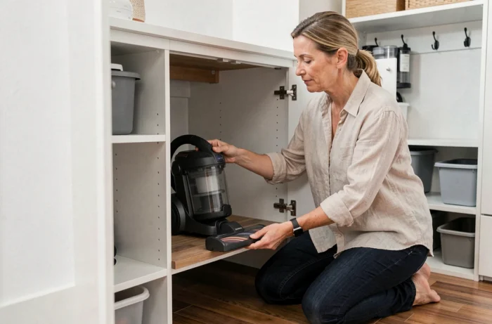 Femme rangeant un aspirateur traîneau dans un placard sous escalier aménagé avec étagères en bois
