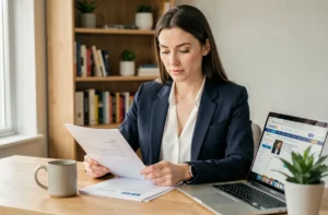 Femme professionnelle en blazer marine révisant son CV à son bureau pour trouver un emploi rapidement