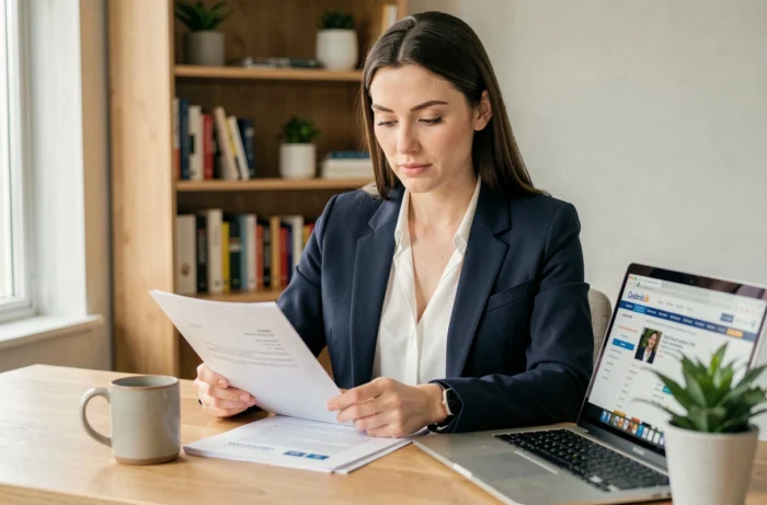 Femme professionnelle en blazer marine révisant son CV à son bureau pour trouver un emploi rapidement