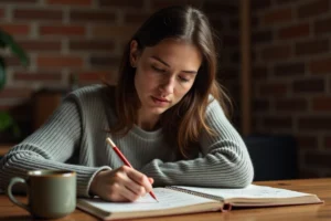Femme adulte concentrée résolvant des énigmes d'un livre de type Room and Exit posé sur une table en bois avec des notes manuscrites