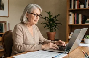 Femme retraitée consultant ses documents de retraite à son bureau à domicile