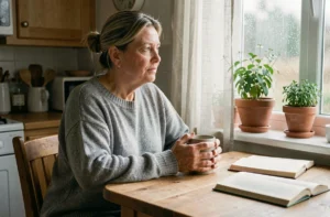 Femme seule assise à une table en bois tenant une tasse chaude, regardant par une fenêtre sous la pluie, illustrant la solitude au quotidien