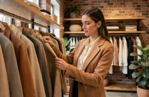 Femme élégante en manteau camel faisant du shopping dans une boutique de mode haut de gamme avec déco minimaliste