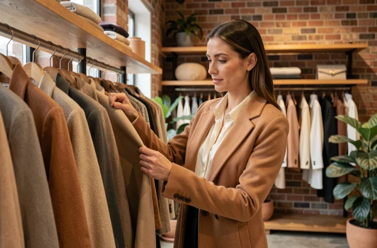 Femme élégante en manteau camel faisant du shopping dans une boutique de mode haut de gamme avec déco minimaliste
