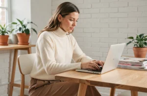 Femme tendance qui fait du shopping en ligne depuis son bureau à domicile, habillée d'un pull col roulé crème et d'un pantalon large taupe