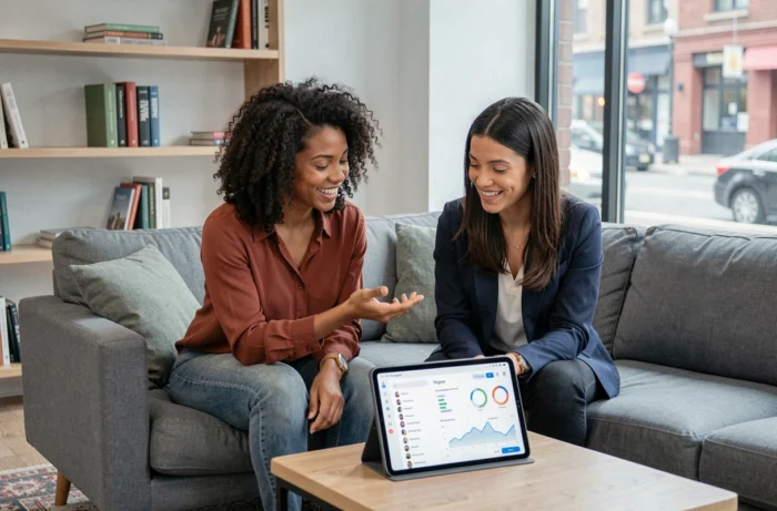 Deux femmes collaborant pour analyser les statistiques Instagram sur une tablette dans un espace de coworking moderne