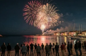 Feux d'artifice colorés au-dessus de la mer sur l'île d'Oléron avec reflets sur l'eau et foule sur la plage