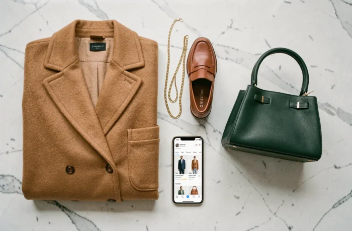 Flat lay de tendances mode automne-hiver avec manteau camel, mocassins en cuir, sac à main vert et smartphone affichant une boutique en ligne