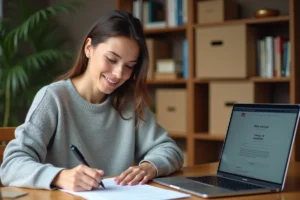Femme remplissant un formulaire de changement d'adresse postale à son bureau à domicile entouré de cartons de déménagement