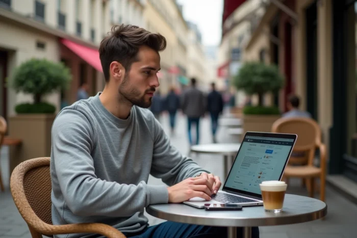 Jeune professionnel gérant une communauté en ligne depuis la terrasse d'un café urbain avec un ordinateur portable