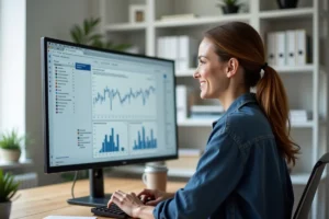 Gestionnaire de communauté en ligne travaillant sur des tableaux de bord de réseaux sociaux dans un bureau à domicile moderne