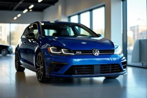 Volkswagen Golf 8 R neuve en bleu Lapiz exposée dans une concession automobile moderne