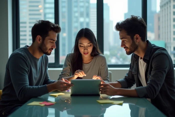 Groupe d'adultes jouant ensemble à un jeu d'évasion Room Exit sur une tablette dans un appartement moderne