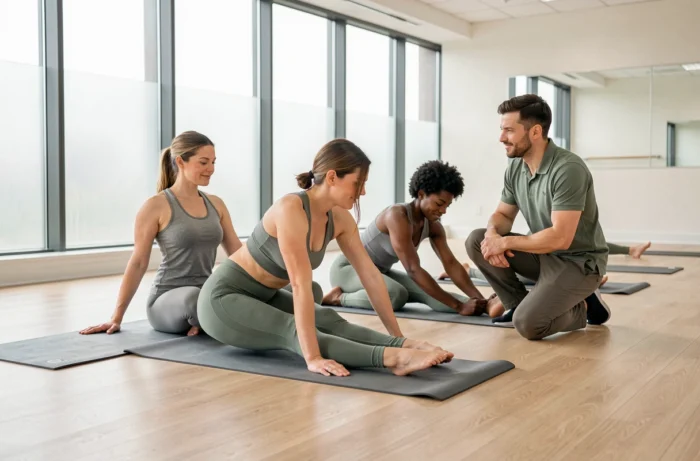 Groupe d'adultes réalisant des étirements guidés par un coach dans un studio de fitness moderne