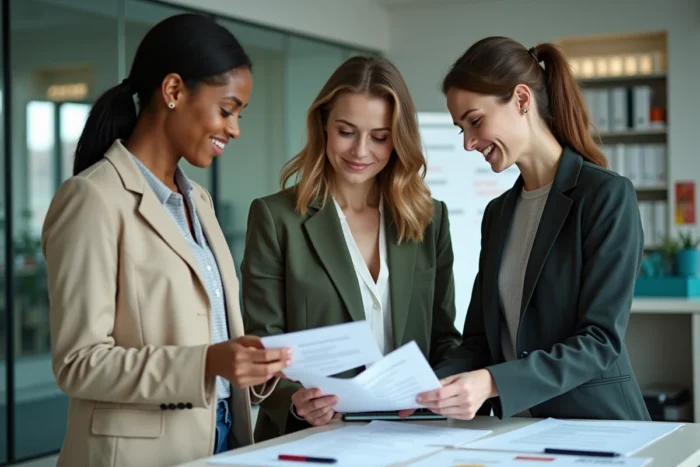 Groupe de professionnels collaborant autour d'offres d'emploi et de CV dans un bureau moderne