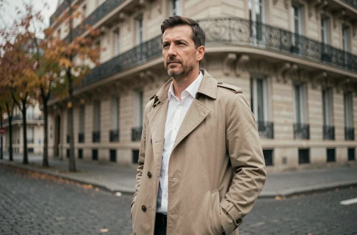 Homme en trench coat beige debout dans une rue parisienne aux façades haussmanniennes, évoquant les origines et l'identité familiale dans le contexte d'un article sur Guillaume Farde