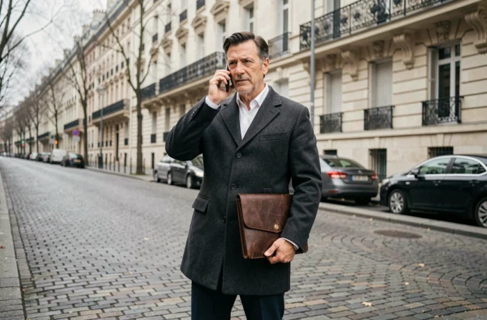 Homme d'affaires en manteau devant des immeubles haussmanniens parlant au téléphone lors d'une transaction immobilière à Paris