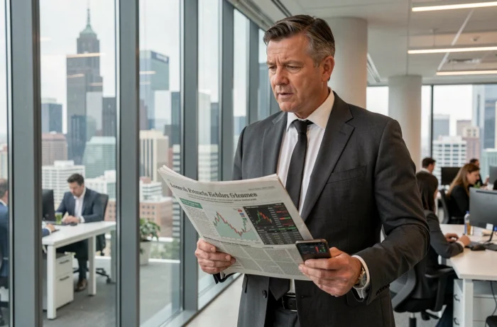 Homme d'affaires lisant un journal financier devant une fenêtre panoramique dans un bureau moderne en ville
