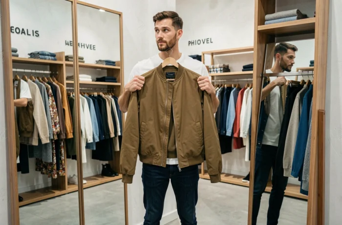 Homme en boutique de mode tenant un blouson bomber devant un miroir, shopping de tendances saisonnières dans un magasin contemporain