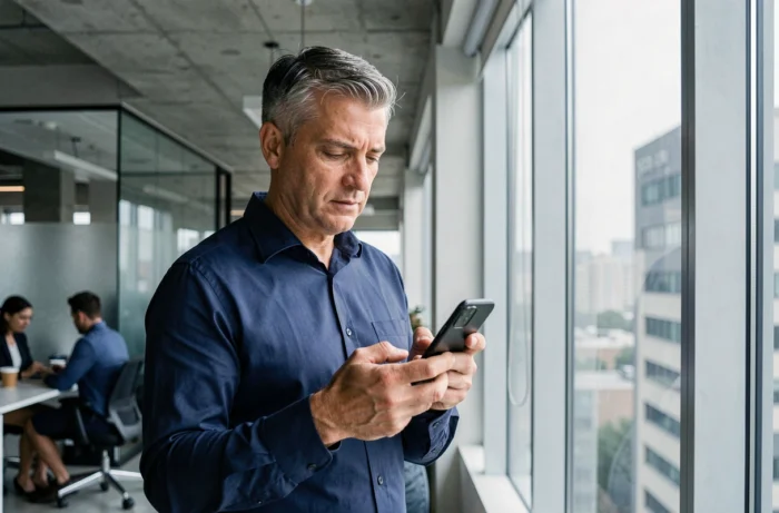 Homme d'affaires analysant un numéro de téléphone inconnu sur son mobile dans un bureau en open space
