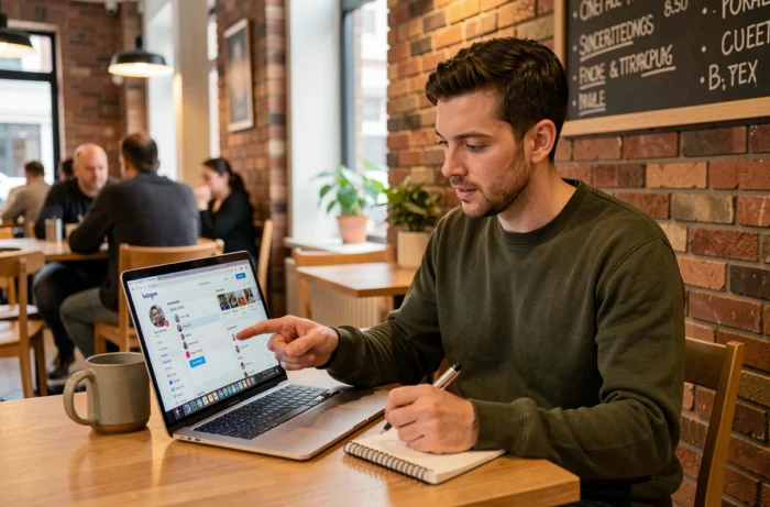 Homme apprenant à configurer son compte Instagram dans un café avec un ordinateur portable et un carnet de notes