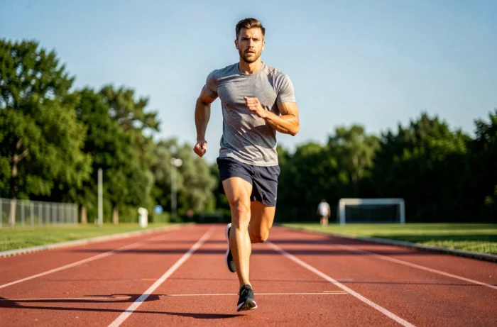 Homme en train de courir sur une piste d'athlétisme extérieure pour améliorer ses performances sportives