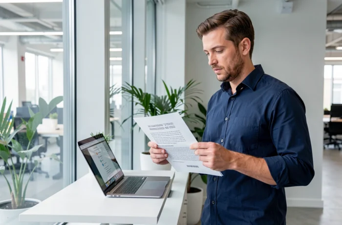 Homme en espace de coworking utilisant un code FreeWiFi Secure imprimé pour connecter son ordinateur portable au réseau WiFi