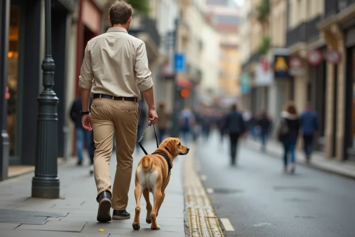 Homme malvoyant marchant sur des bandes podotactiles avec son chien guide en milieu urbain