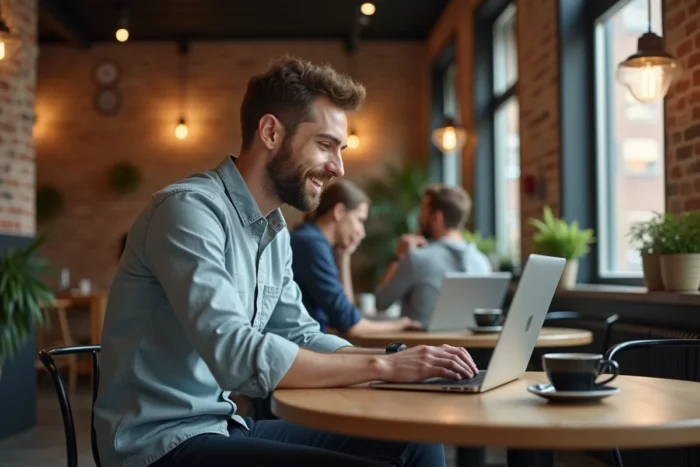 Jeune homme recherchant des opportunités d'emploi sur un ordinateur portable dans un café co-working