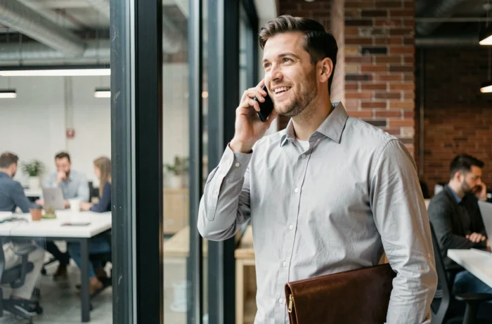Jeune homme en chemise grise téléphonant dans un espace de coworking moderne lors d'une recherche d'emploi active
