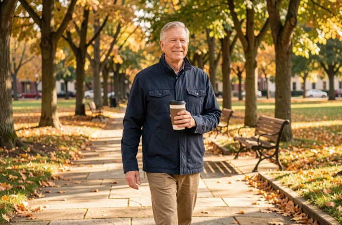 Homme retraité se promenant sereinement dans un parc en automne