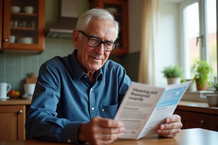 Un homme âgé lisant un brochure sur les prix des appareils auditifs Audika et les remboursements