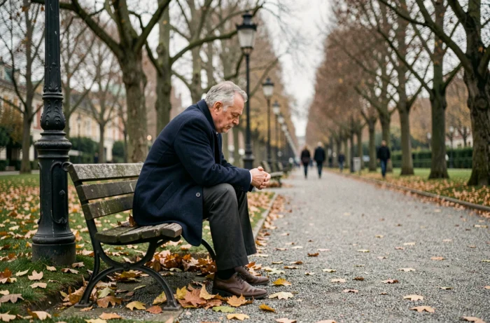 Homme âgé assis seul sur un banc de parc en automne, entouré de feuilles mortes, illustrant l'isolement social et la solitude urbaine