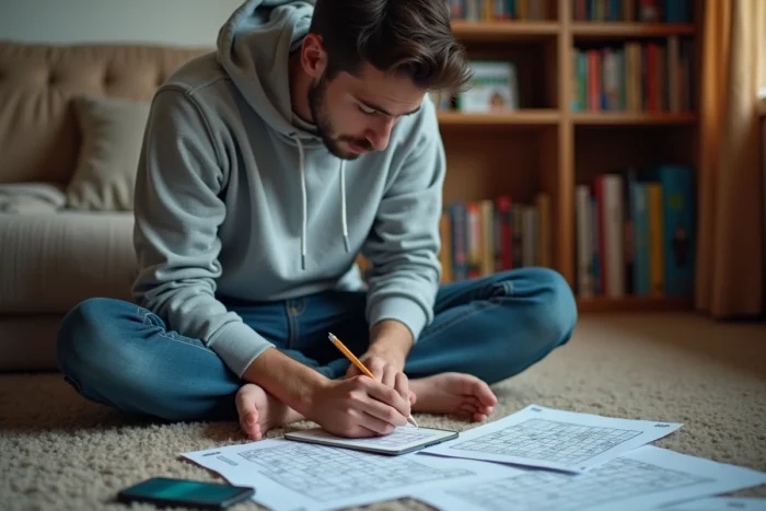 Jeune homme assis par terre entouré de solutions imprimées et d'un smartphone affichant un guide de progression pour Room Exit