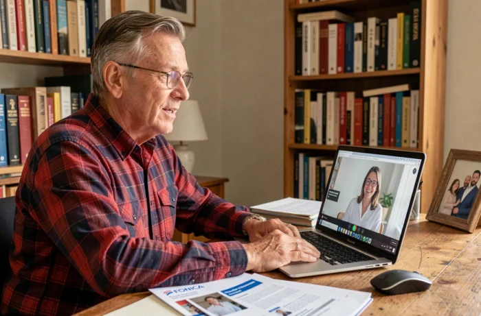 Homme en téléconsultation avec un conseiller Foncia pour choisir une assurance habitation adaptée à ses besoins
