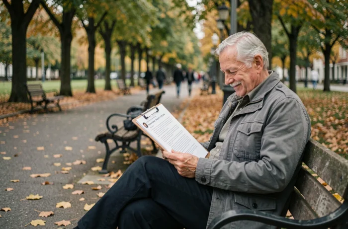 Homme âgé lisant des témoignages d'utilisateurs sur un clipboard dans un parc en automne, illustrant les avis sur un complément articulaire