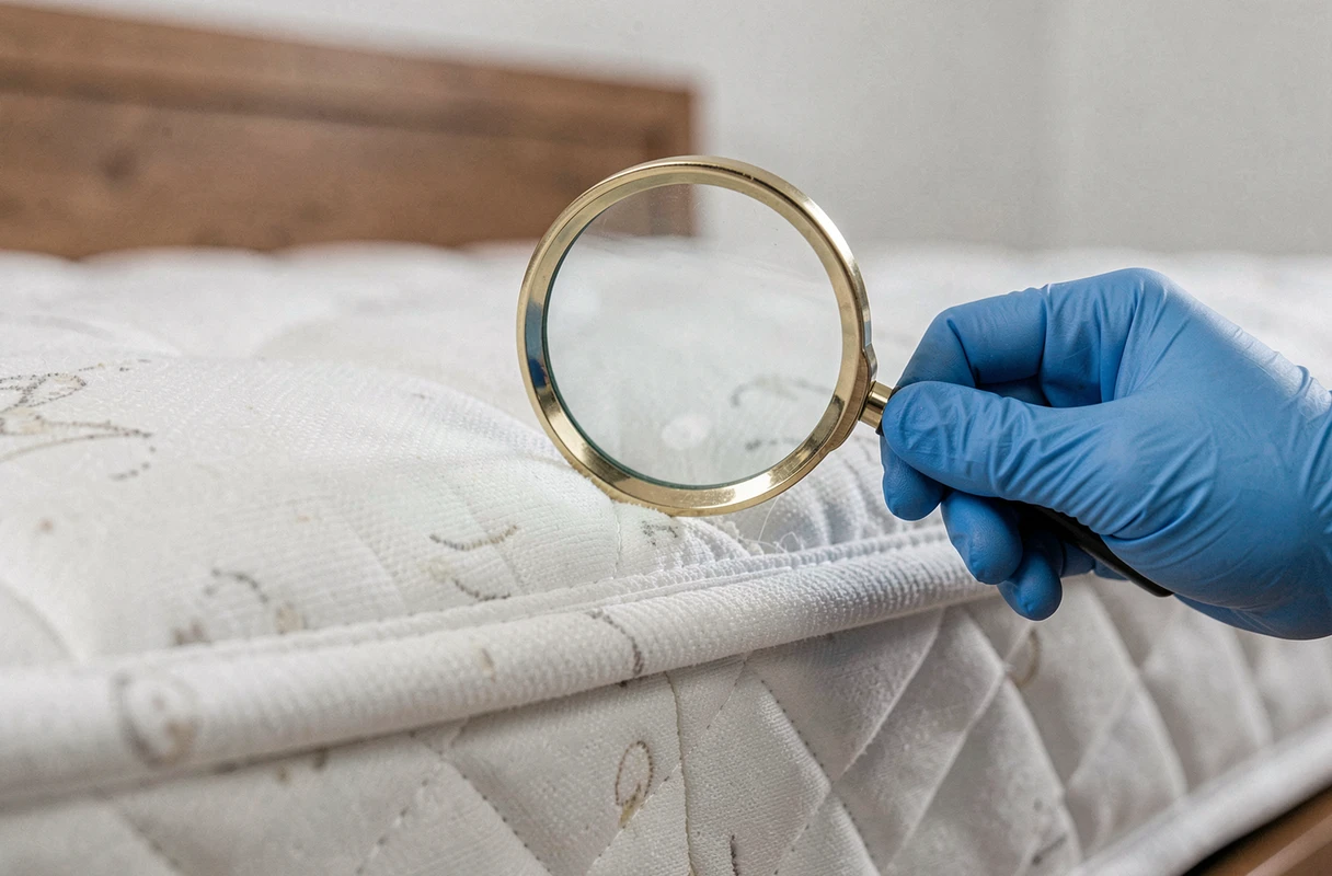 Inspection minutieuse d'un matelas avec loupe et gants pour détecter la présence de punaises de lit