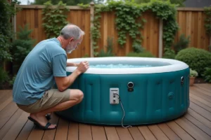 Homme inspectant le panneau de chauffage d'un spa Intex gonflable dans un jardin suburban