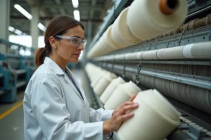 Ingénieure textile inspectant des bobines de fil de coton sur un métier à tisser industriel dans une usine moderne