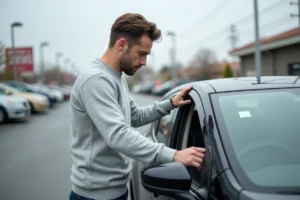 Homme inspectant une voiture d'occasion sur un parking, expérience client LaCentrale-Eco