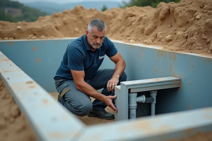 Technicien installant le système de filtration intégré d'une piscine Desjoyaux en cours de construction