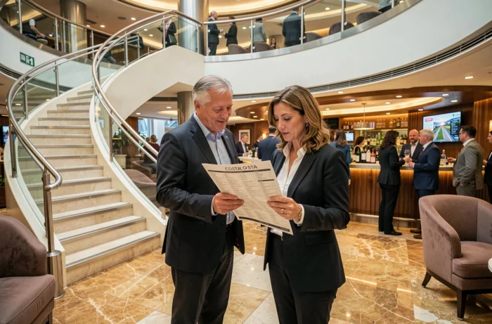 Intérieur luxueux de l'atrium d'un paquebot Costa avec des passagers consultant un itinéraire de croisière 2026