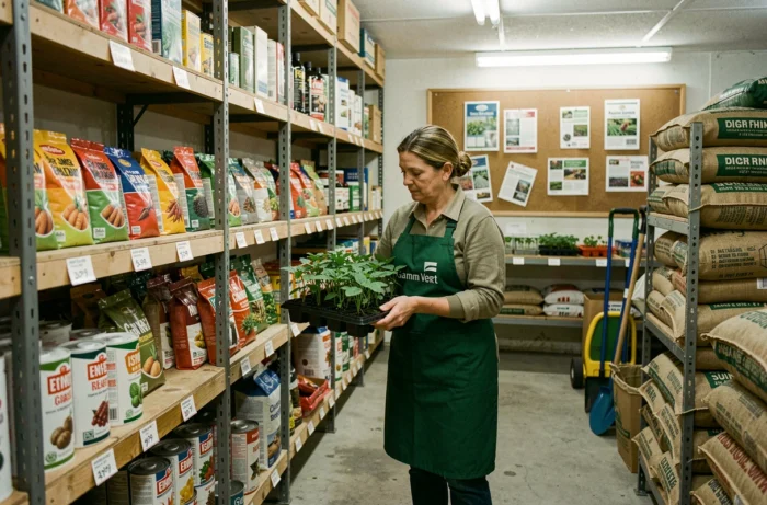 Intérieur d'une coopérative agricole française avec une employée en tablier vert réapprovisionnant des semis et des produits de jardinage sur des étagères en bois
